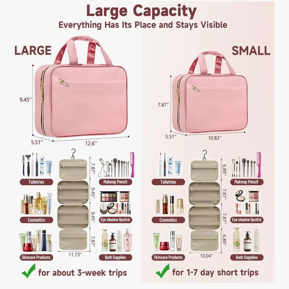 Travel Toiletry Bags, Portable Travel Bag with Hanging Hook (Pink, Small)